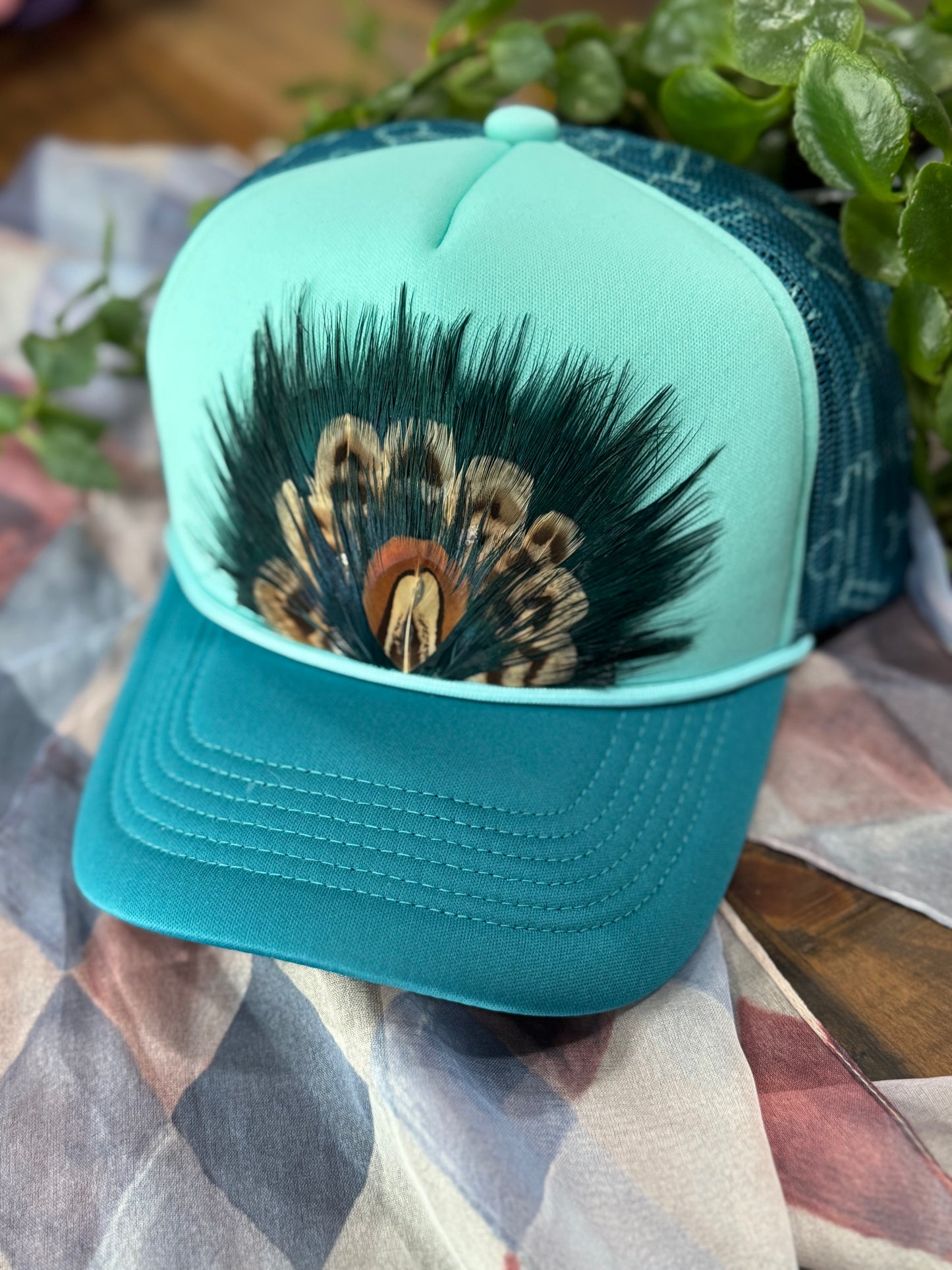 Teal Thrill Feather Trucker