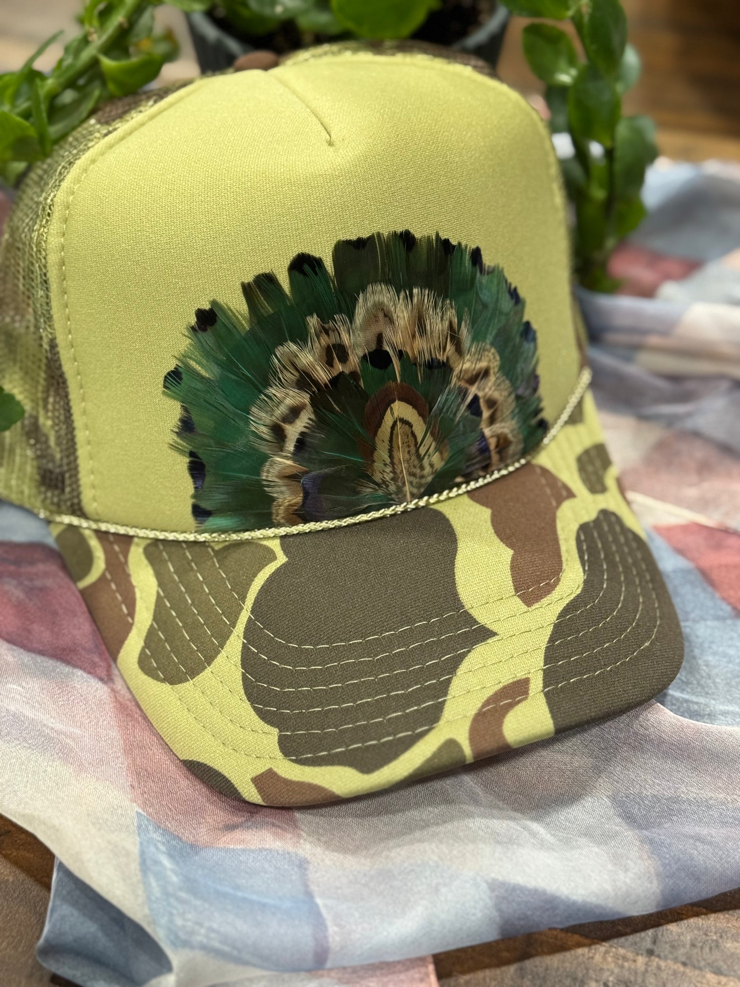 Campy Camo Feather Trucker